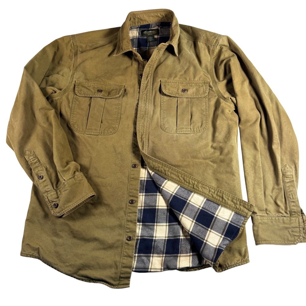 Eddie Bauer Flannel Lined Shirt Jacket Mens M Olive Green Good Canvas Workwear